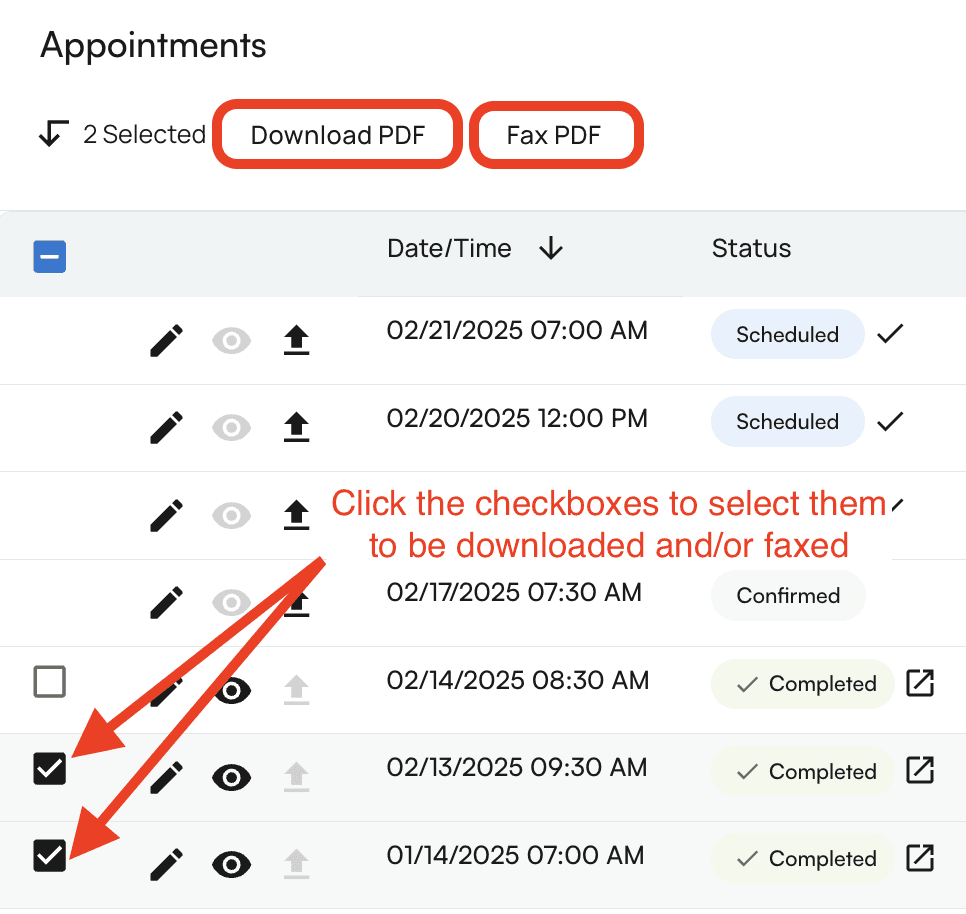 Selected appointments ready for bulk fax or download