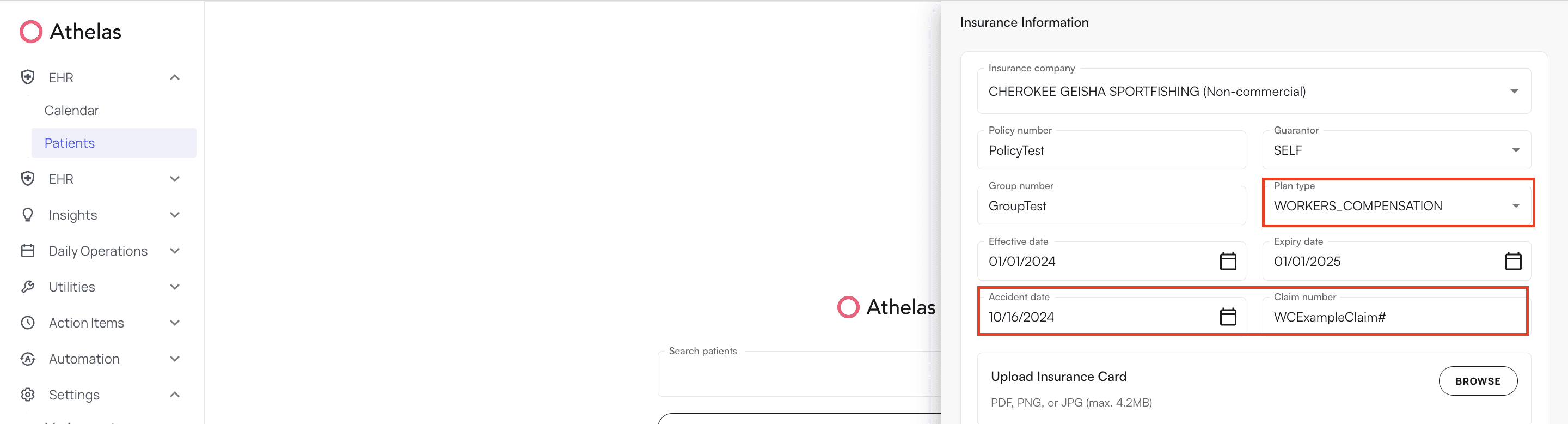 Worker's compensation insurance form with accident date and claim number fields