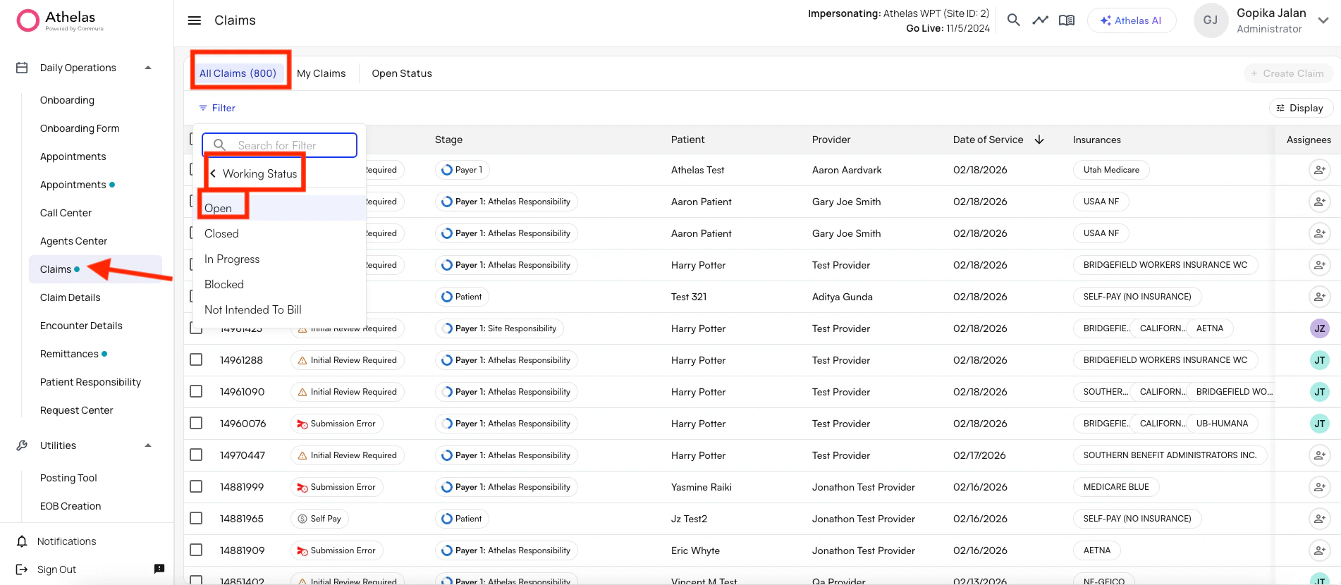 Claims Page filters example