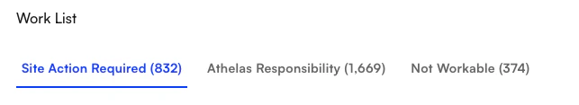 Denials Worklist buckets: Site Action Required, Athelas Responsibility, Not Workable