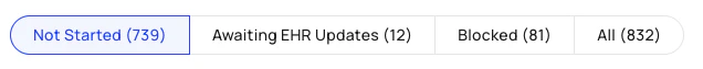 Denials Site Action Required sub-buckets: Not Started, Awaiting EHR Updates, Blocked