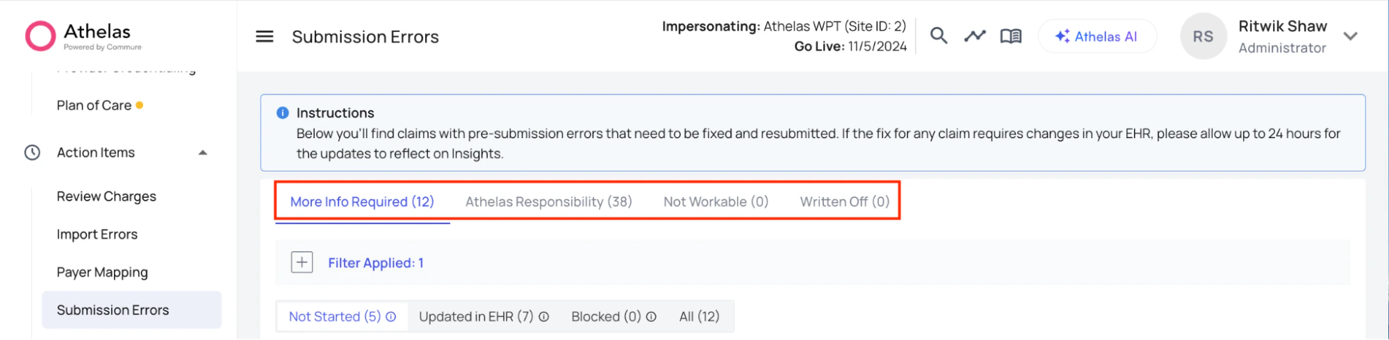 Submission Errors buckets: More Info Required, Athelas Responsibility, Not Workable, Written Off