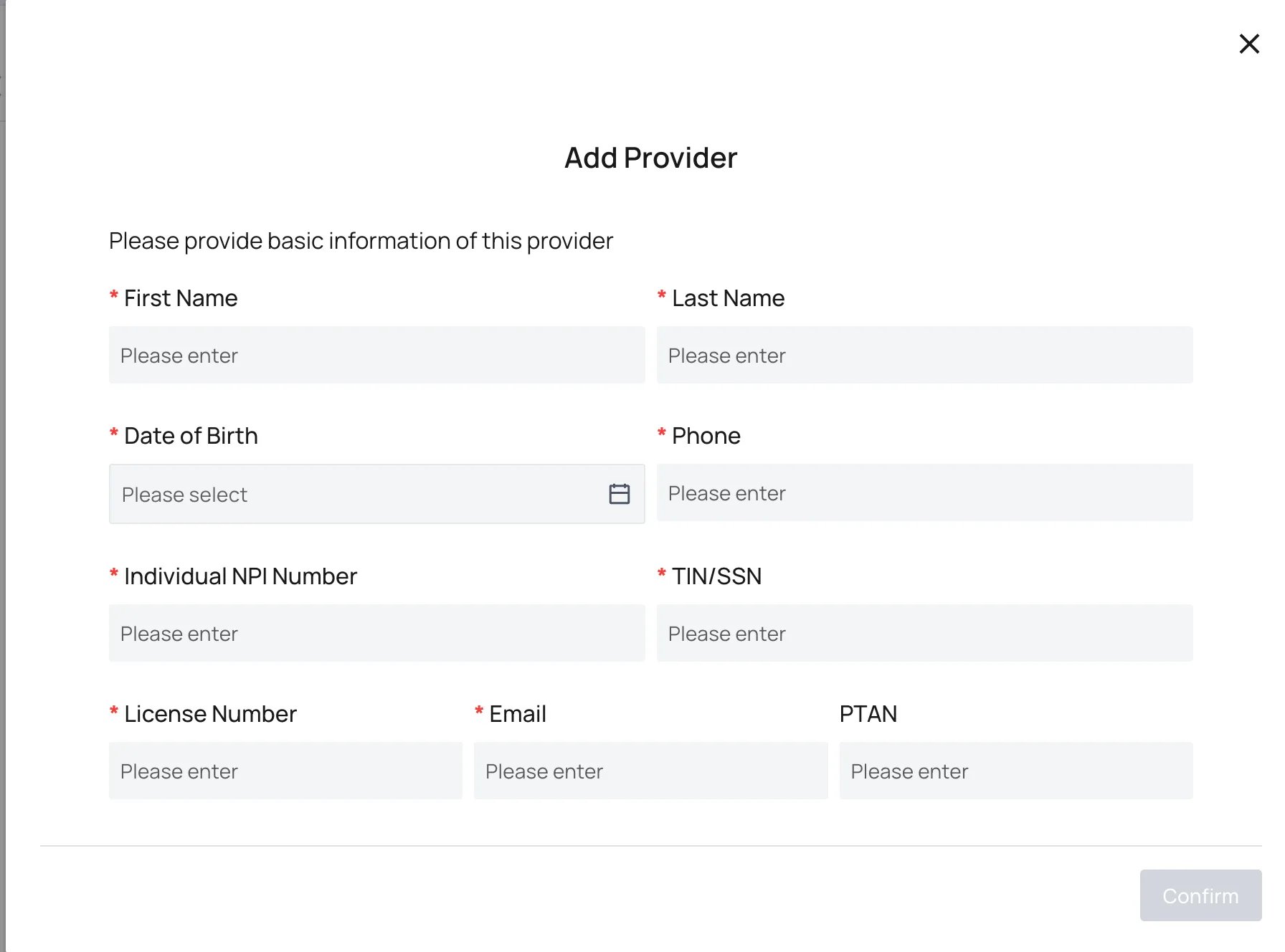 The Add Provider form with fields for name, date of birth, phone, NPI, TIN or SSN, license number, email, and PTAN