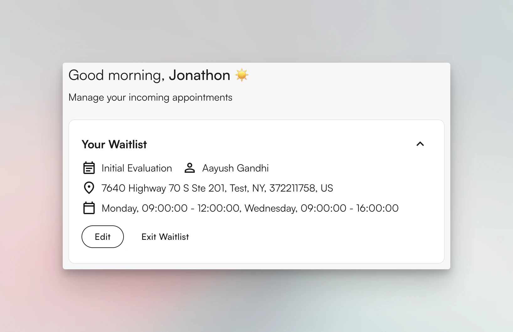 Patient waitlist showing multi-provider selection and waitlist preference management from the demographics page