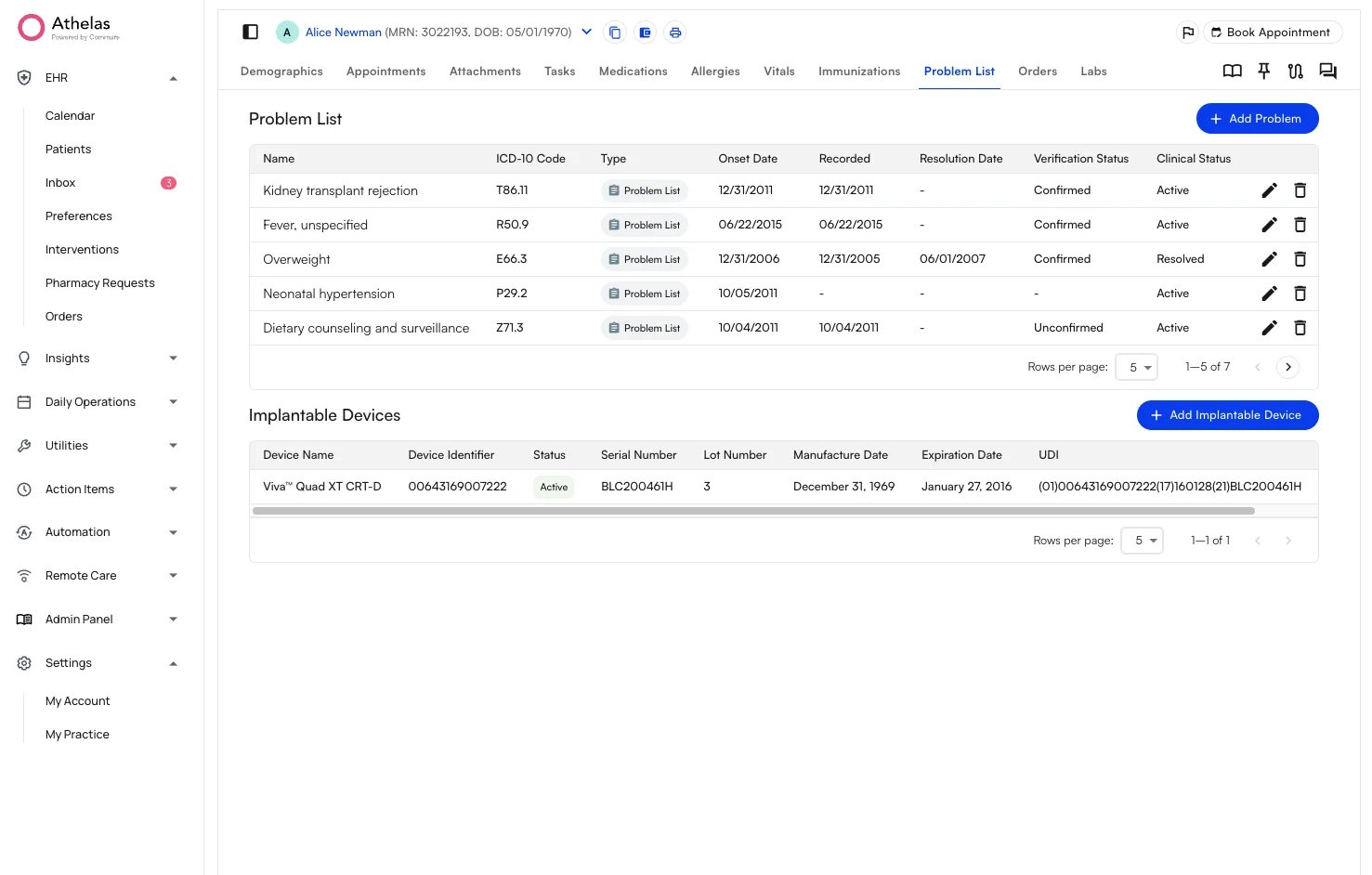 Implantable Devices table showing a saved device populated from the UDI lookup