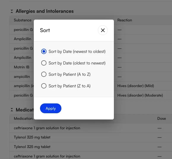 Sort options The Sort dialog with date and patient sorting options
