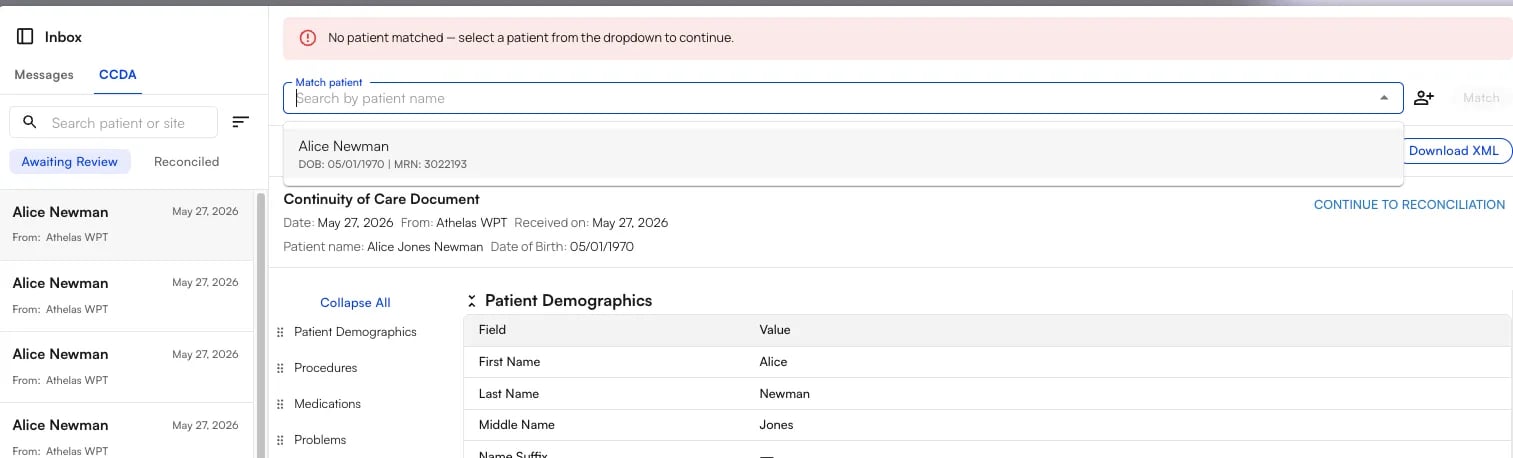 The Match patient bar with a suggested patient showing date of birth and MRN
