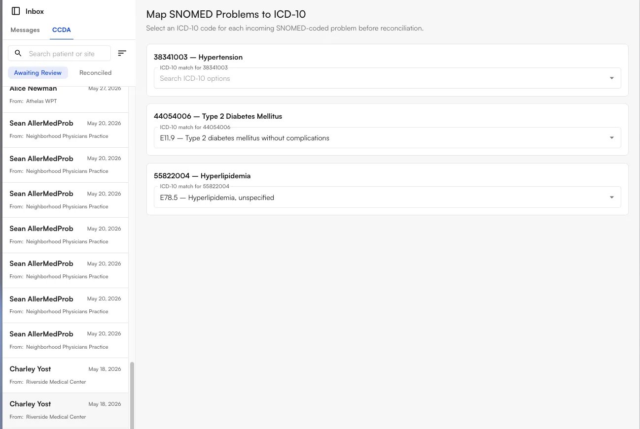 The Map SNOMED Problems to ICD-10 screen, with some codes pre-selected and one awaiting a manual choice
