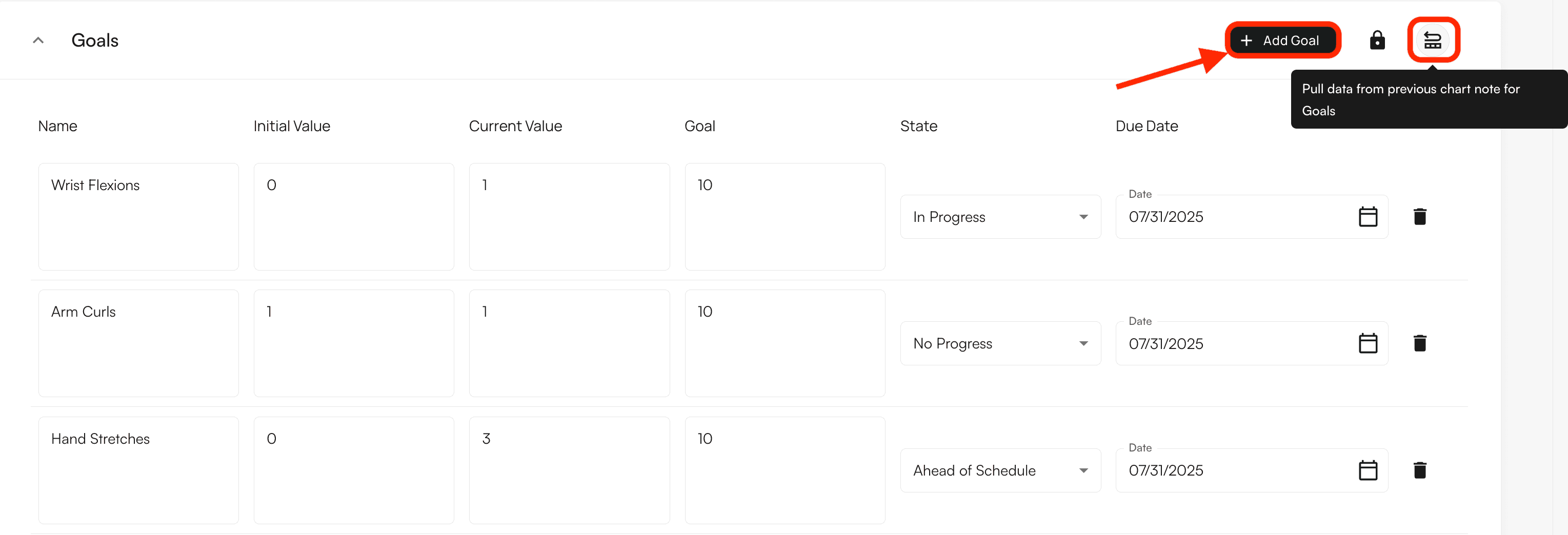 Goals section with add goal button