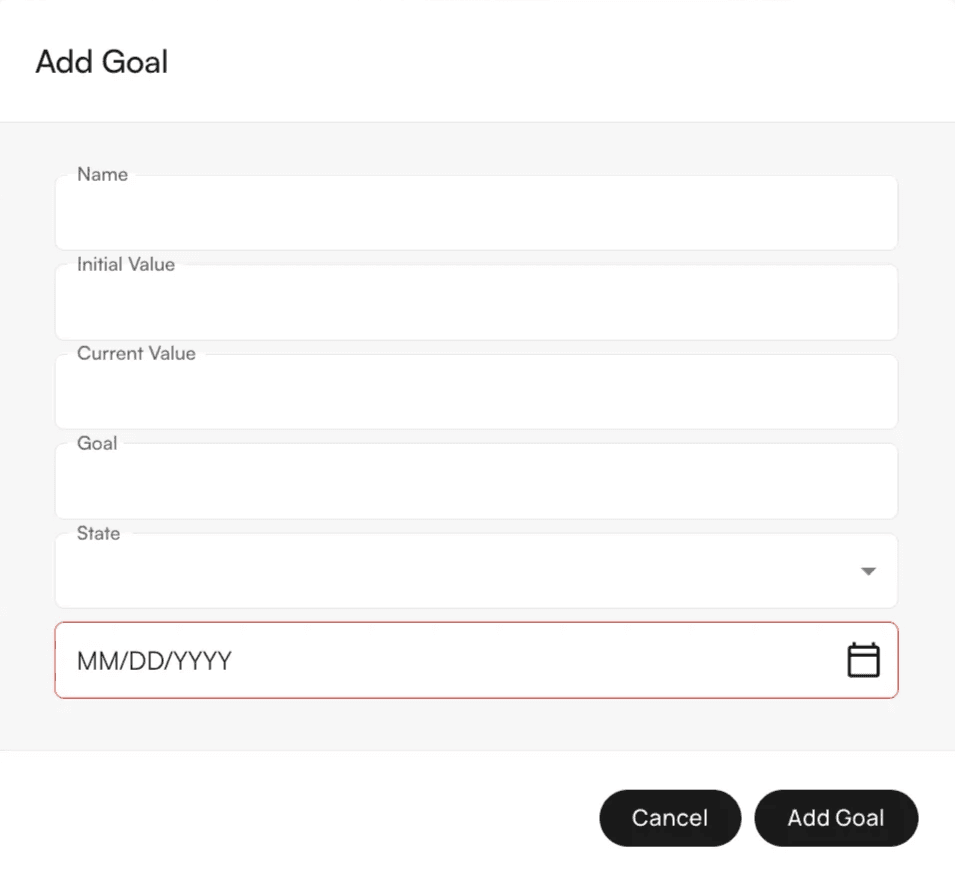 Goal entry form with fields for goal details
