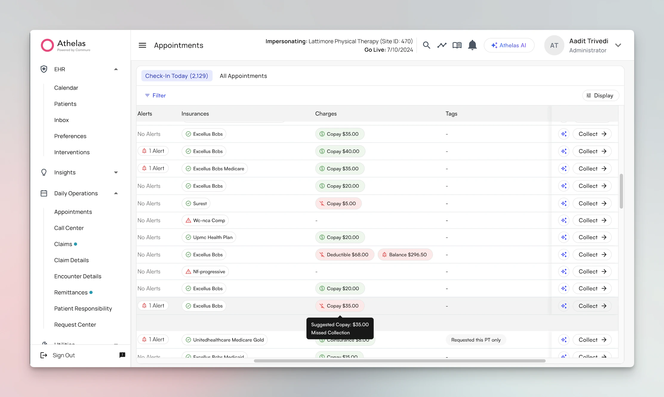 Appointments List Page showing daily schedule with AI-generated charge summaries, inline alerts, and patient demographics on hover