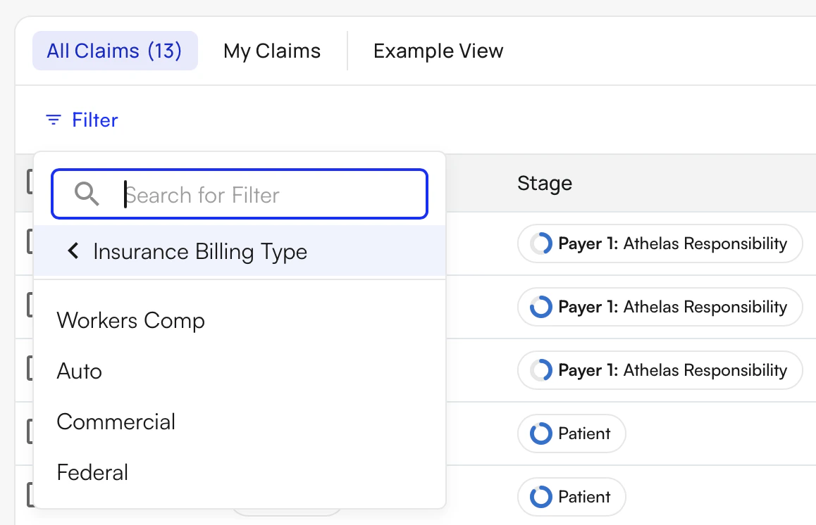 Insurance Billing Type filter showing Workers Comp, Auto, and Commercial options