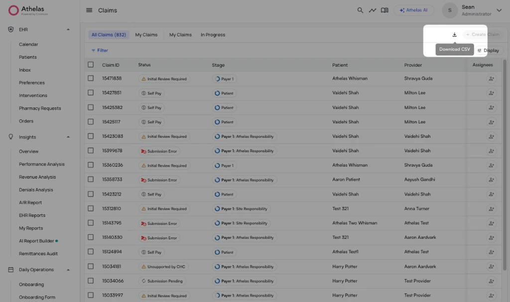 Claims page showing the Download CSV button in the top right corner for bulk exporting all rows