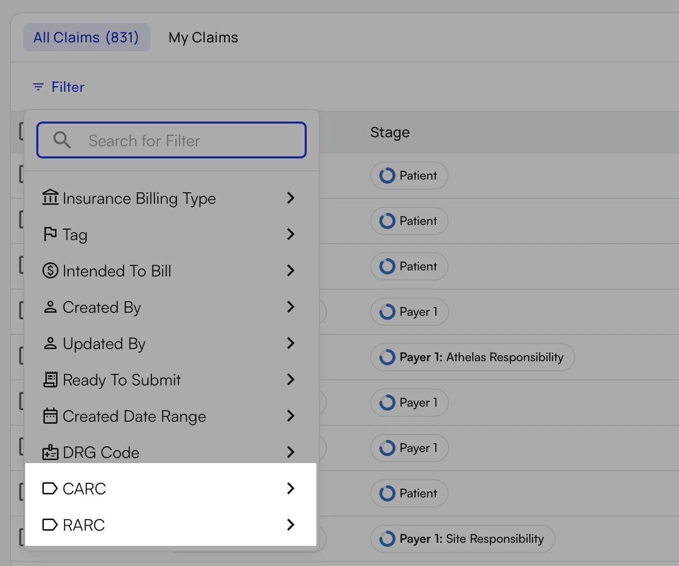 Claims page showing new CARC and RARC filter options for sorting denials