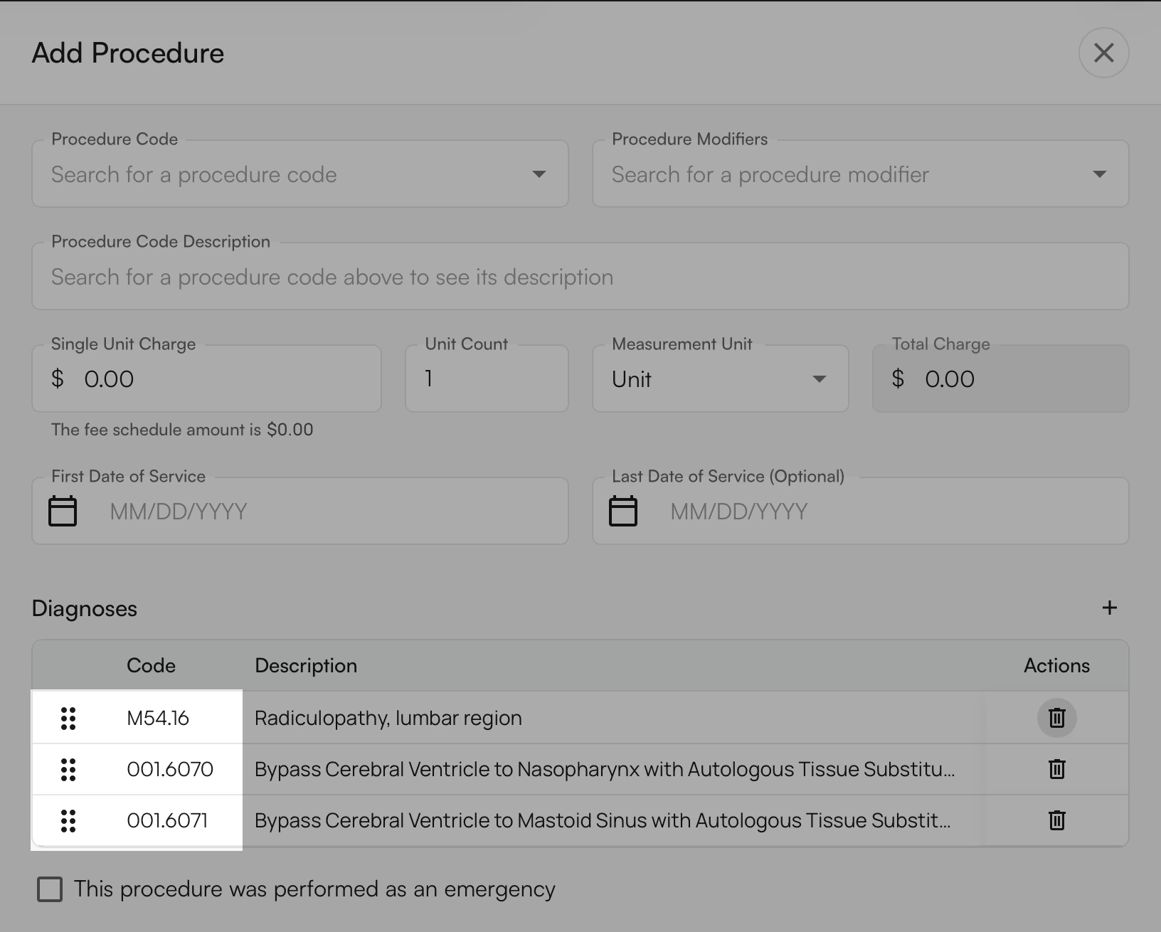 Procedures table showing drag-and-drop reordering of diagnosis code pointers