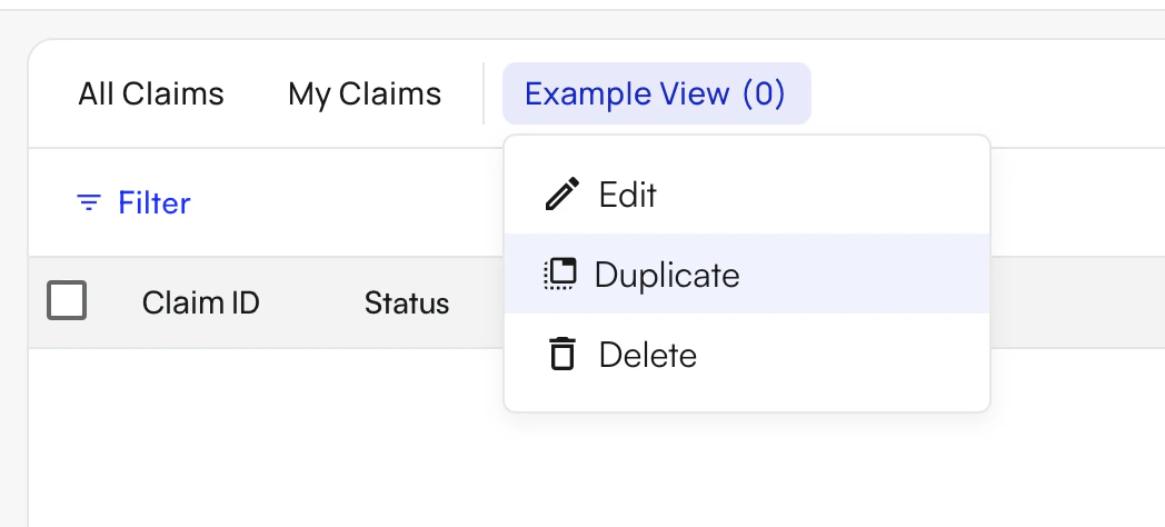 Right-click context menu showing option to duplicate a custom view