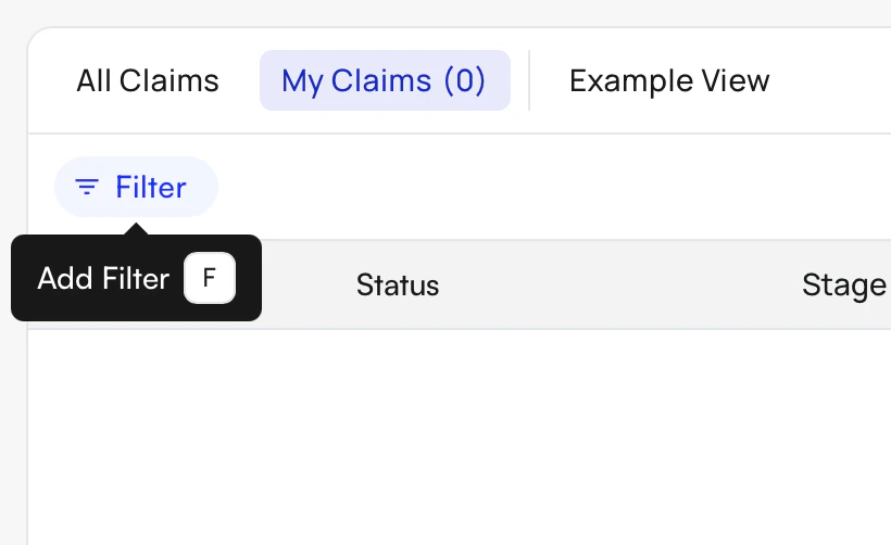 Claims page showing F key hotkey to trigger the Filters panel