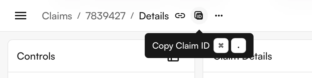 Claim edit screen showing CMD + period hotkey to copy claim ID to clipboard