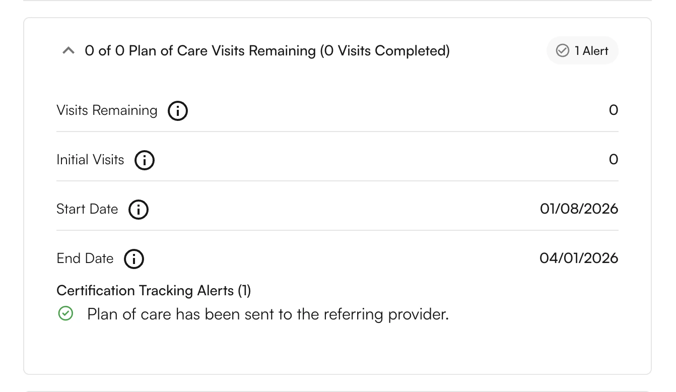 Sent — Awaiting Signature Appointment modal showing Sent status — Plan of care has been sent to the referring provider
