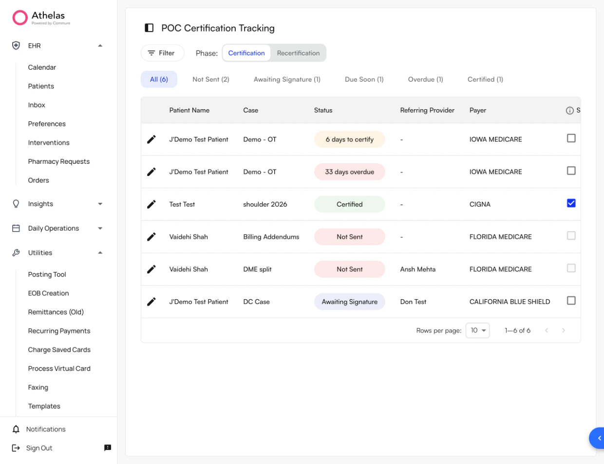 POC Certification Tracking dashboard showing status tabs and patient list