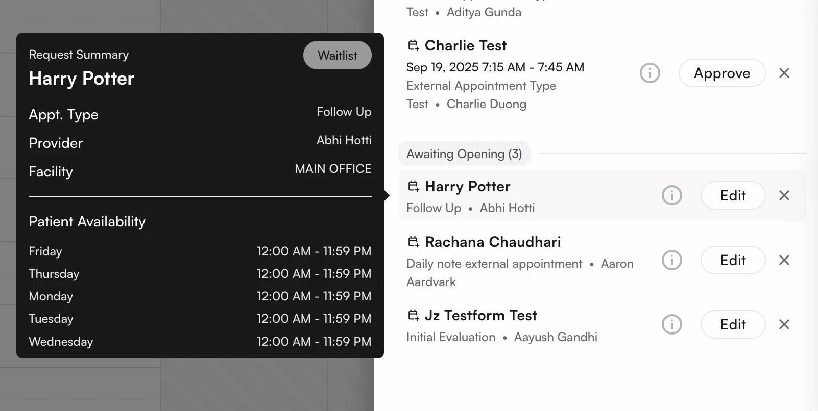 Hover icon reveals waitlist entry details