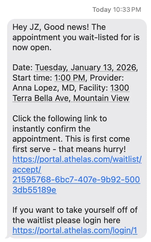 Waitlist offer — SMS Waitlist offer SMS