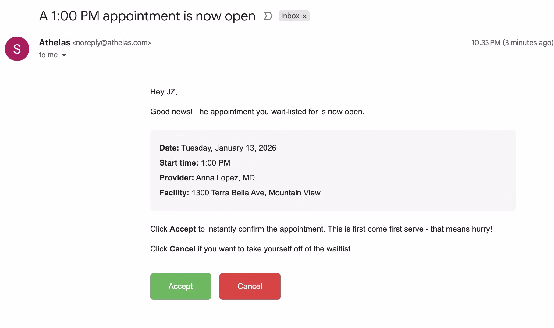 Waitlist offer — email Waitlist offer email