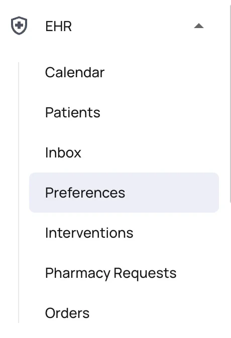 EHR navigation with Preferences highlighted