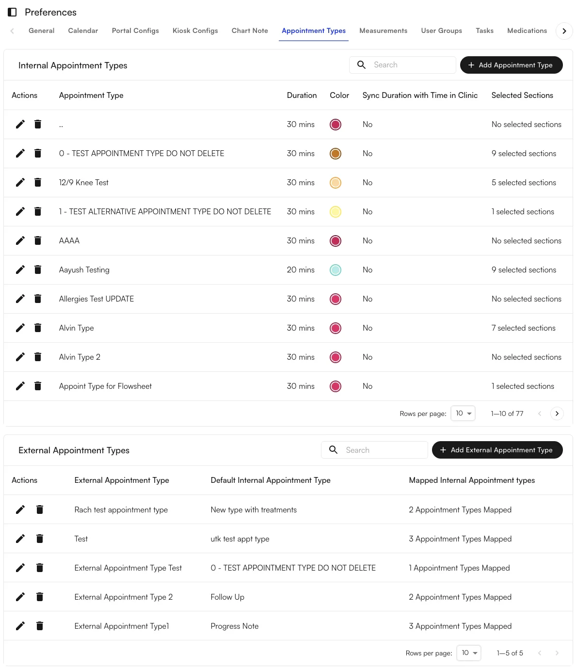 Appointment Types tab showing internal and external appointment type tables