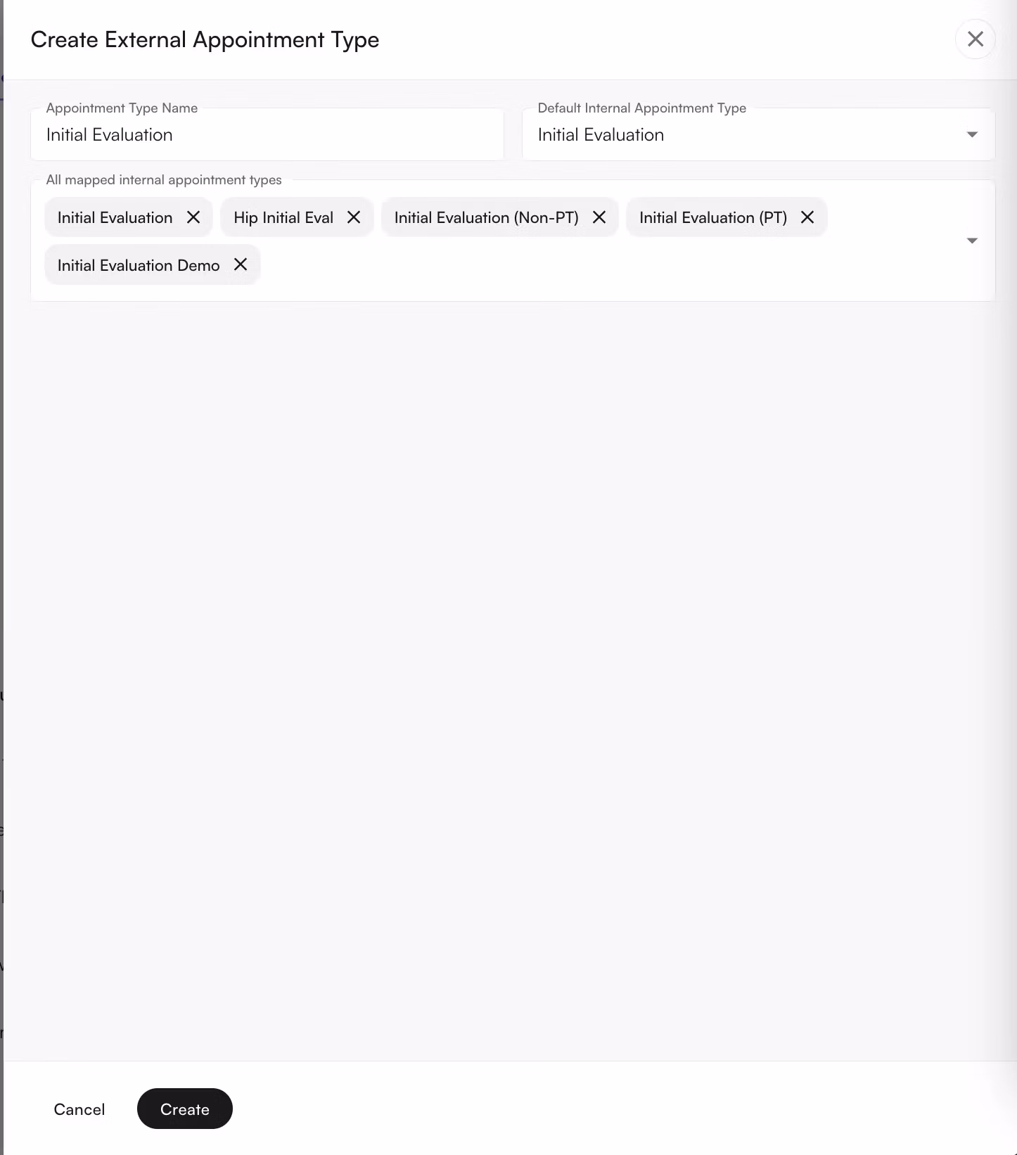 Create External Appointment Type modal with mapped internal types