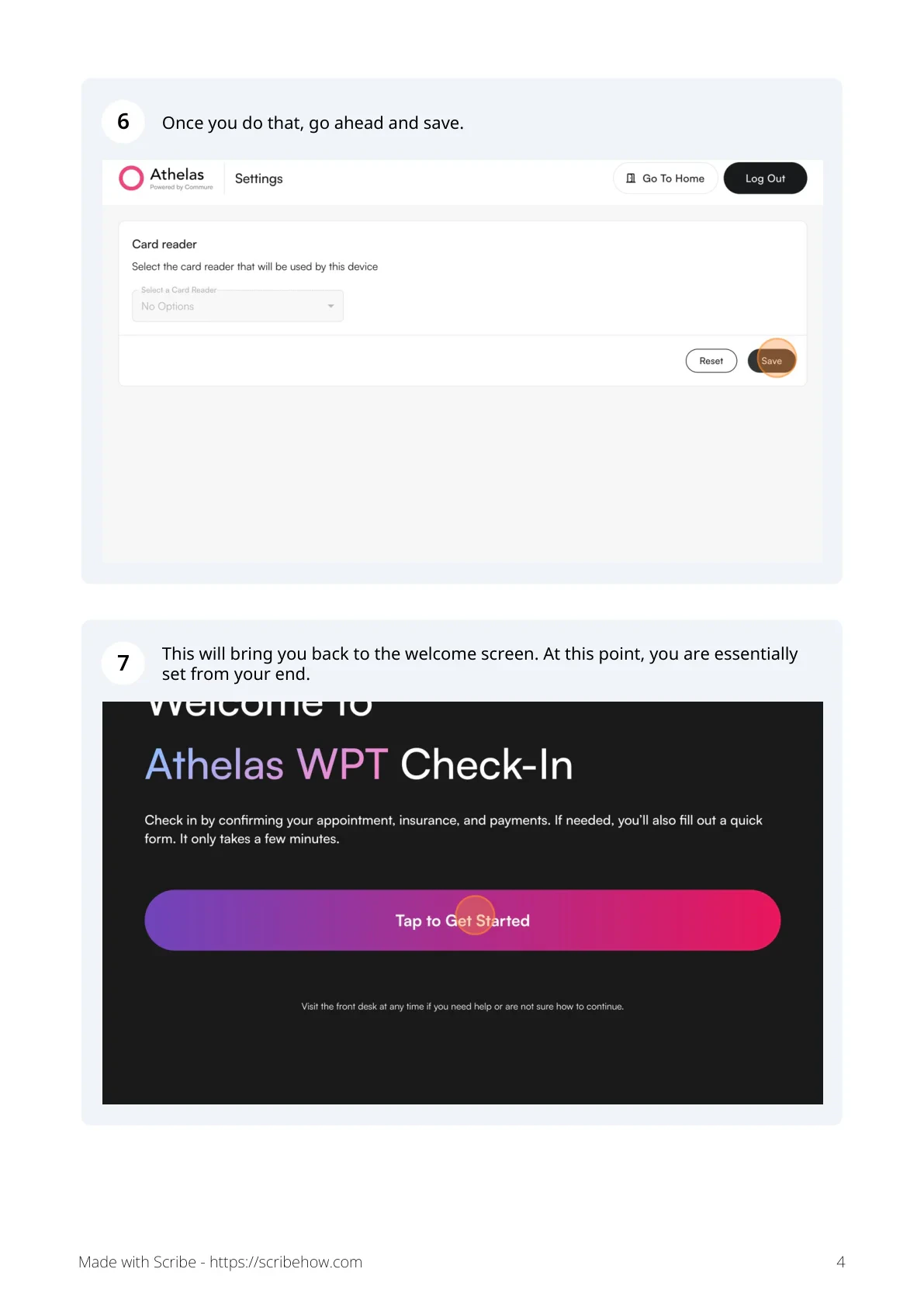 Save the reader selection and return to the welcome screen