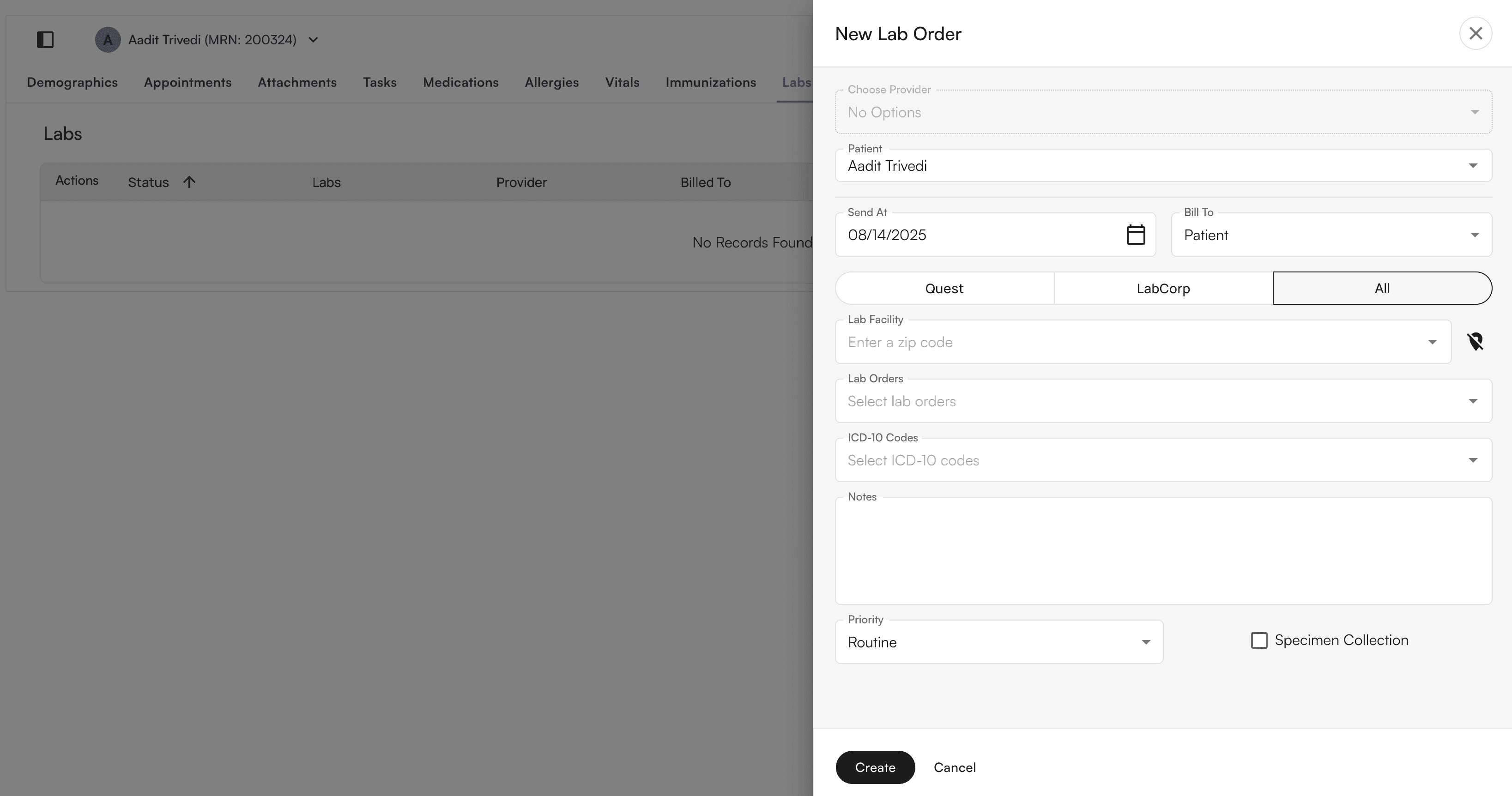 Labs tab in the patient profile showing lab orders and results