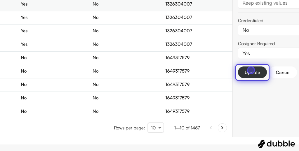 Update the selected rows