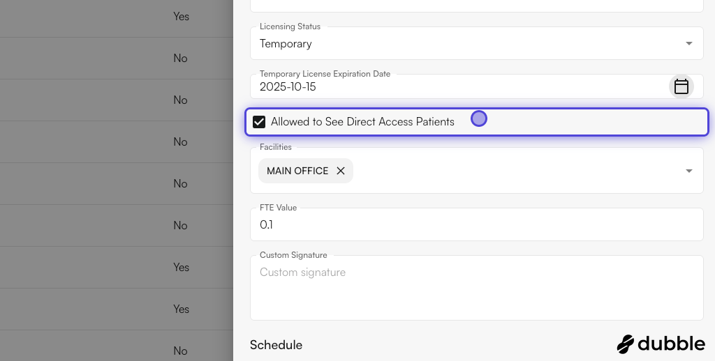 Allowed to See Direct Access Patients setting