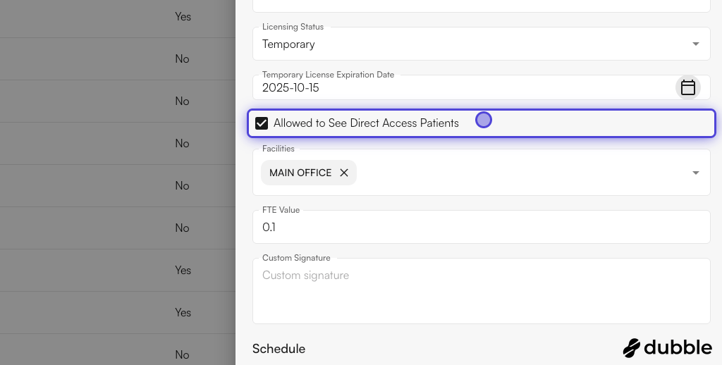 Allowed to See Direct Access Patients setting