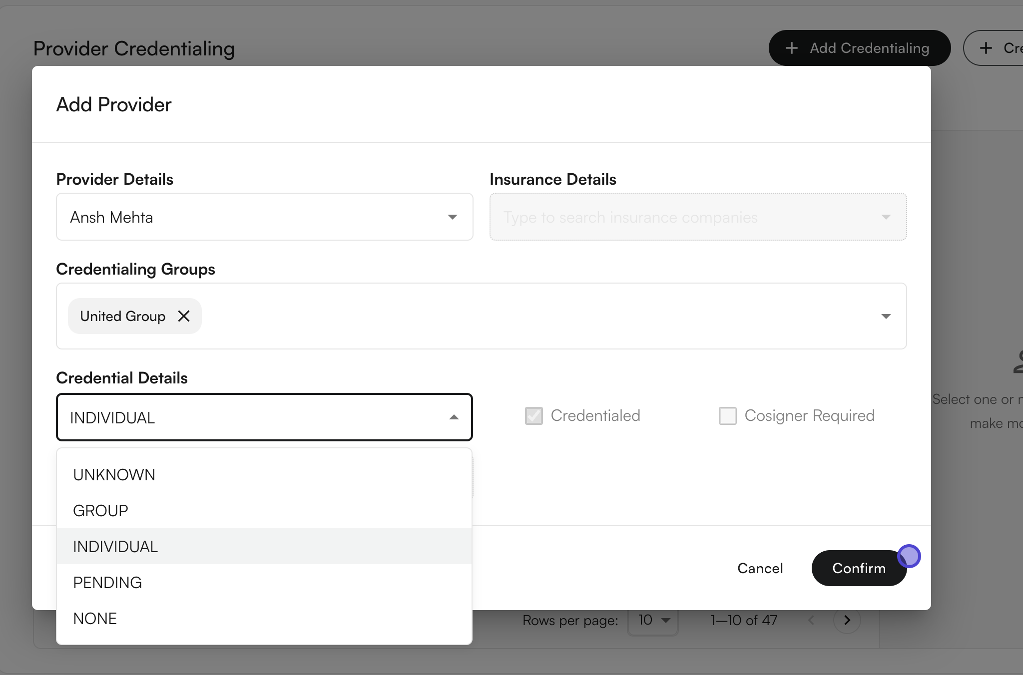 Choose a group when adding credentials