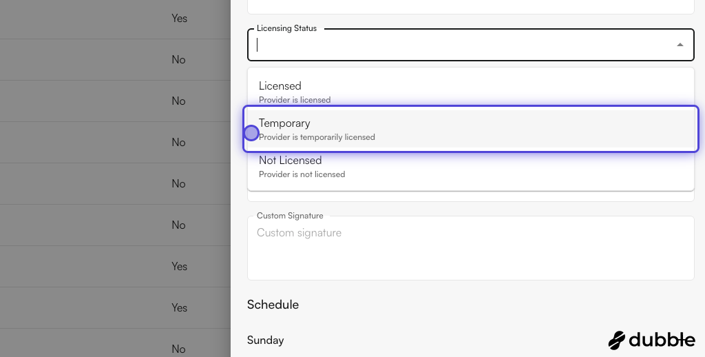 Licensing status options