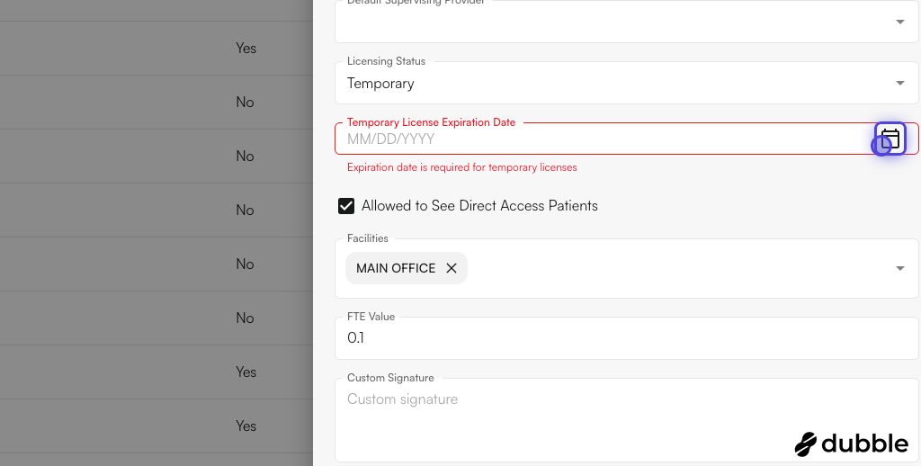 Temporary license expiration date field