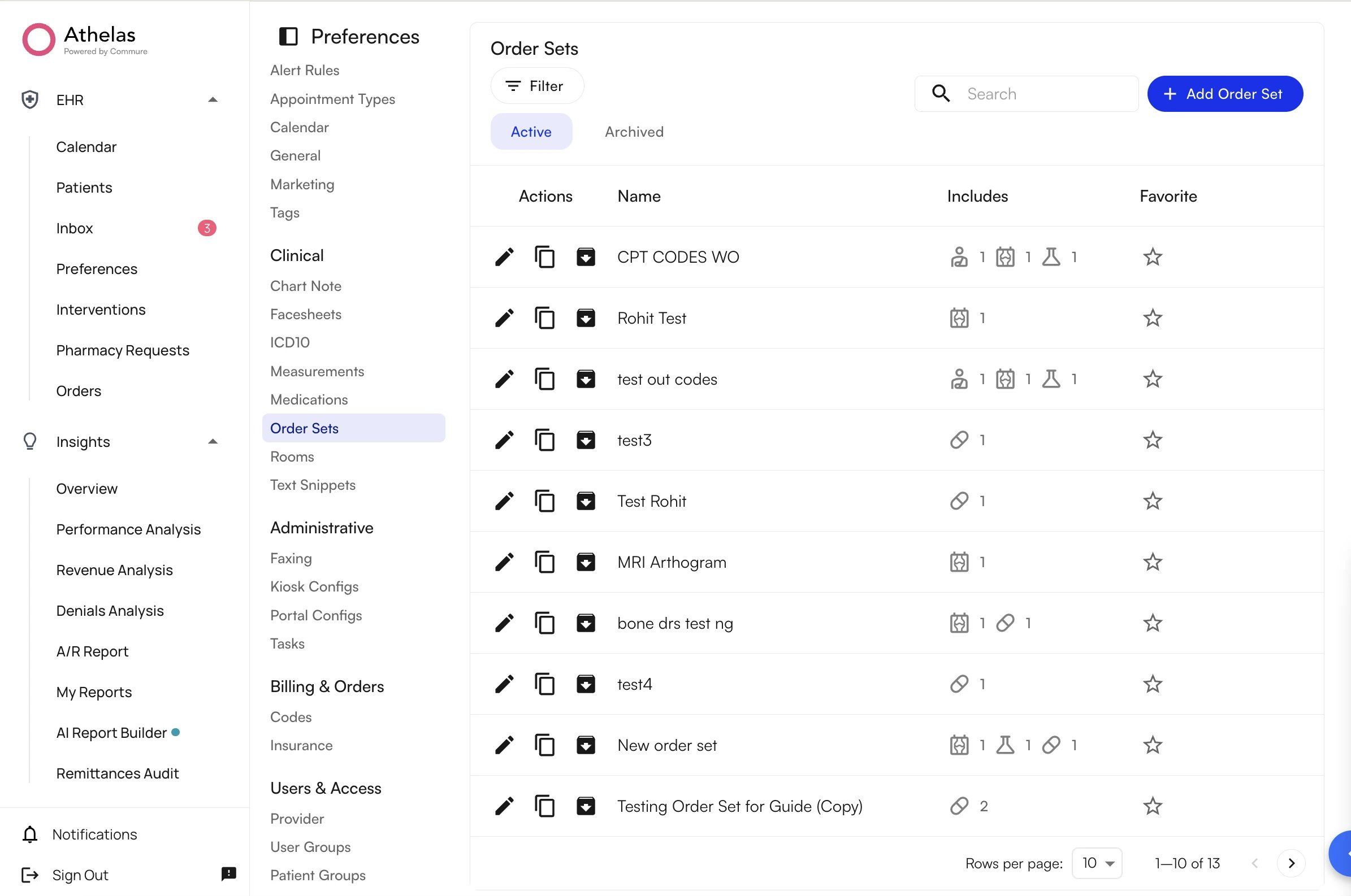 Order Sets page with the Add Order Set button