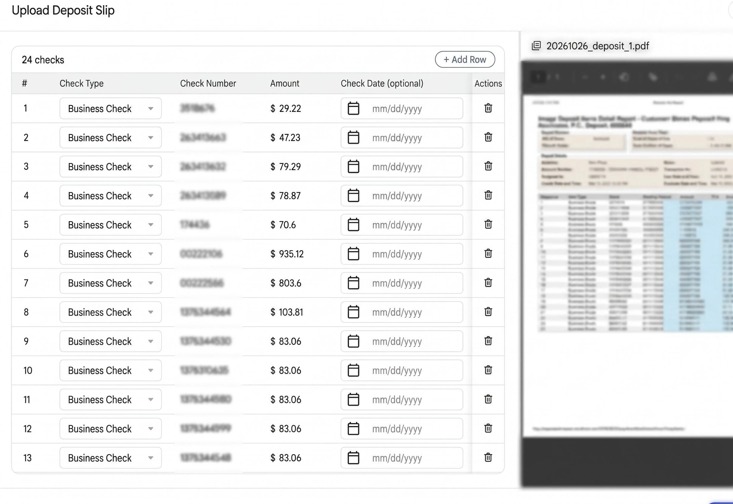 The slip review state showing the editable line items table