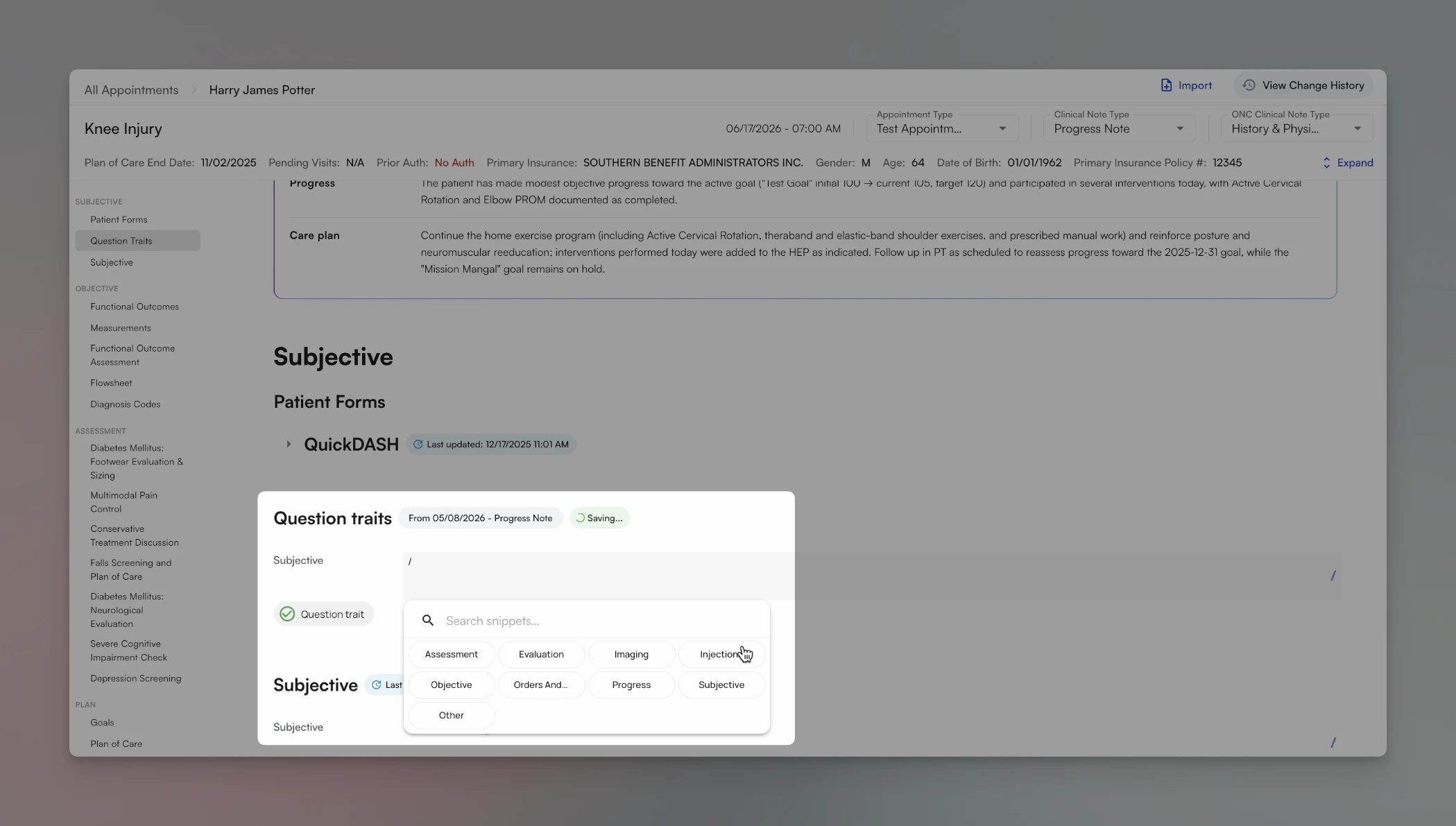 Dynamic text snippets interface showing configurable trigger characters and inline alternate word dropdowns within chart note sections