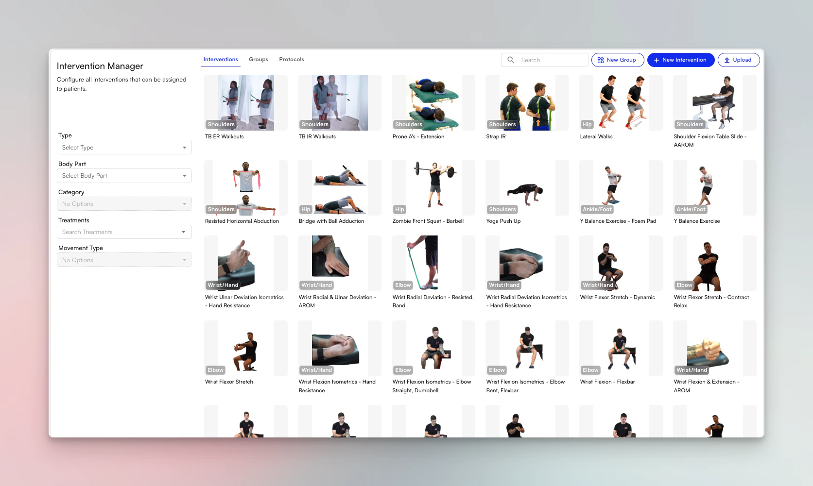 HEP Library showing upgraded exercise search with similarity matching and multi-select checkbox picker for planned interventions