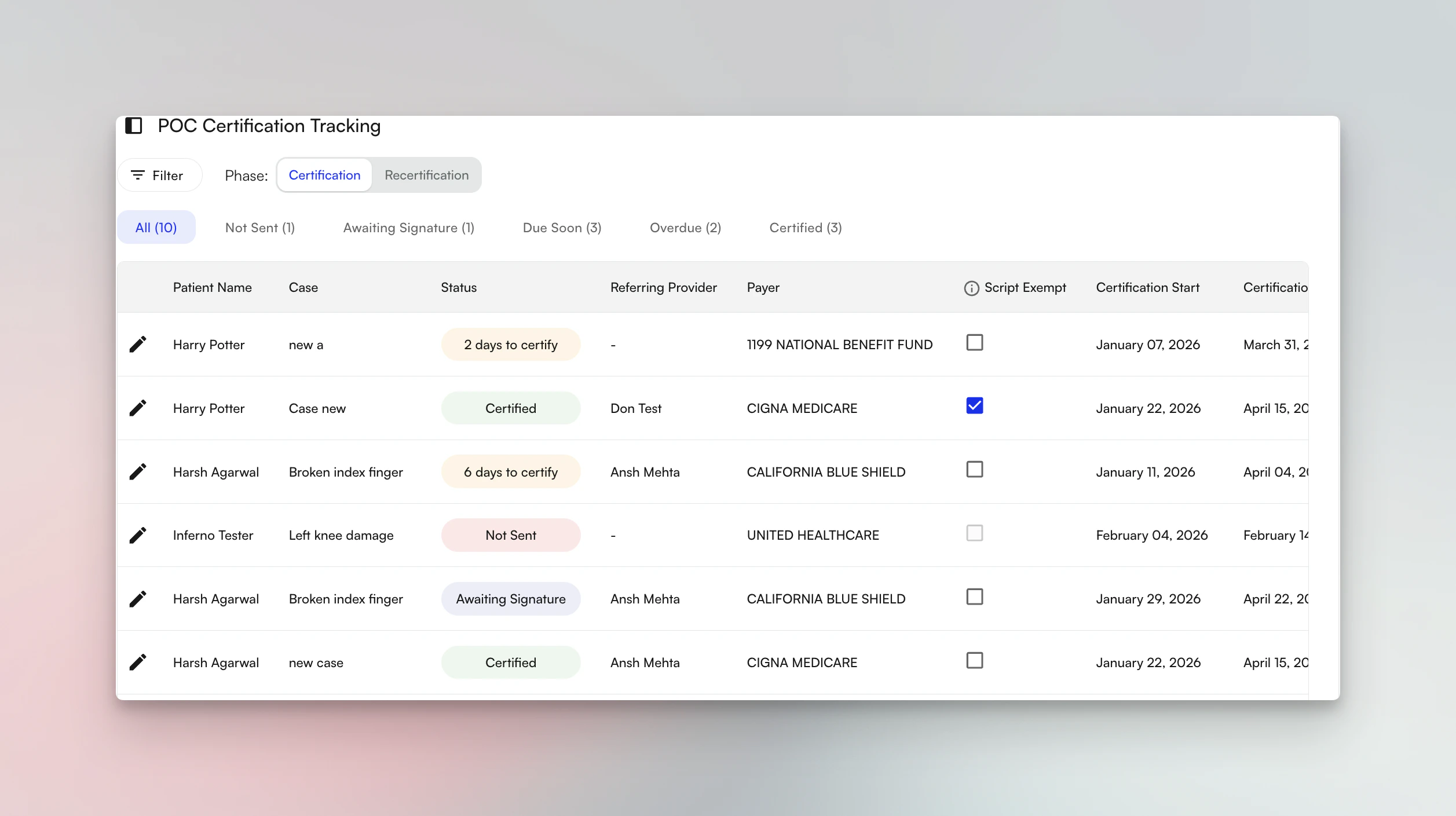 Plan of Care Tracker showing the new 10-state status lifecycle with facility and case status filters