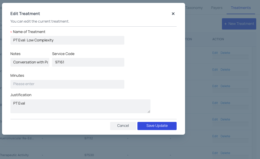 Edit Treatment dialog with Name of Treatment, Notes, Service Code, Minutes, and Justification fields.