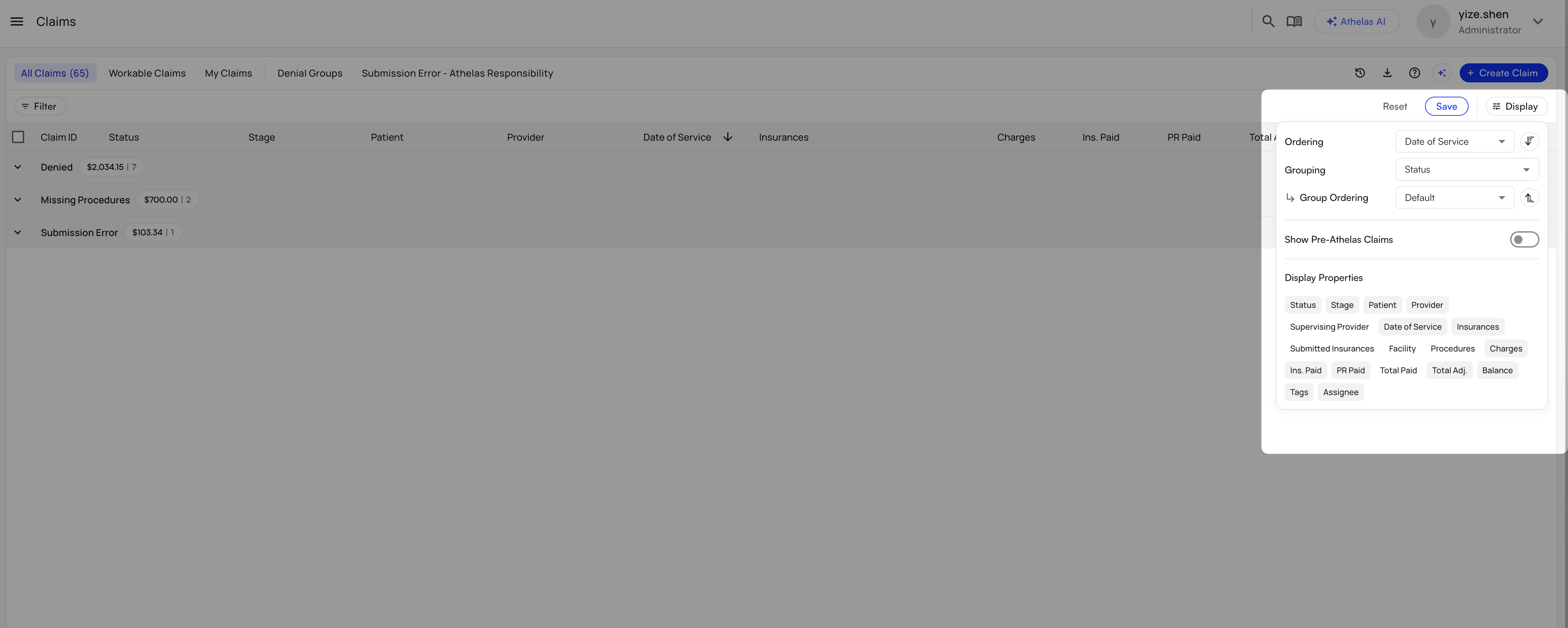 Claims grouped by status