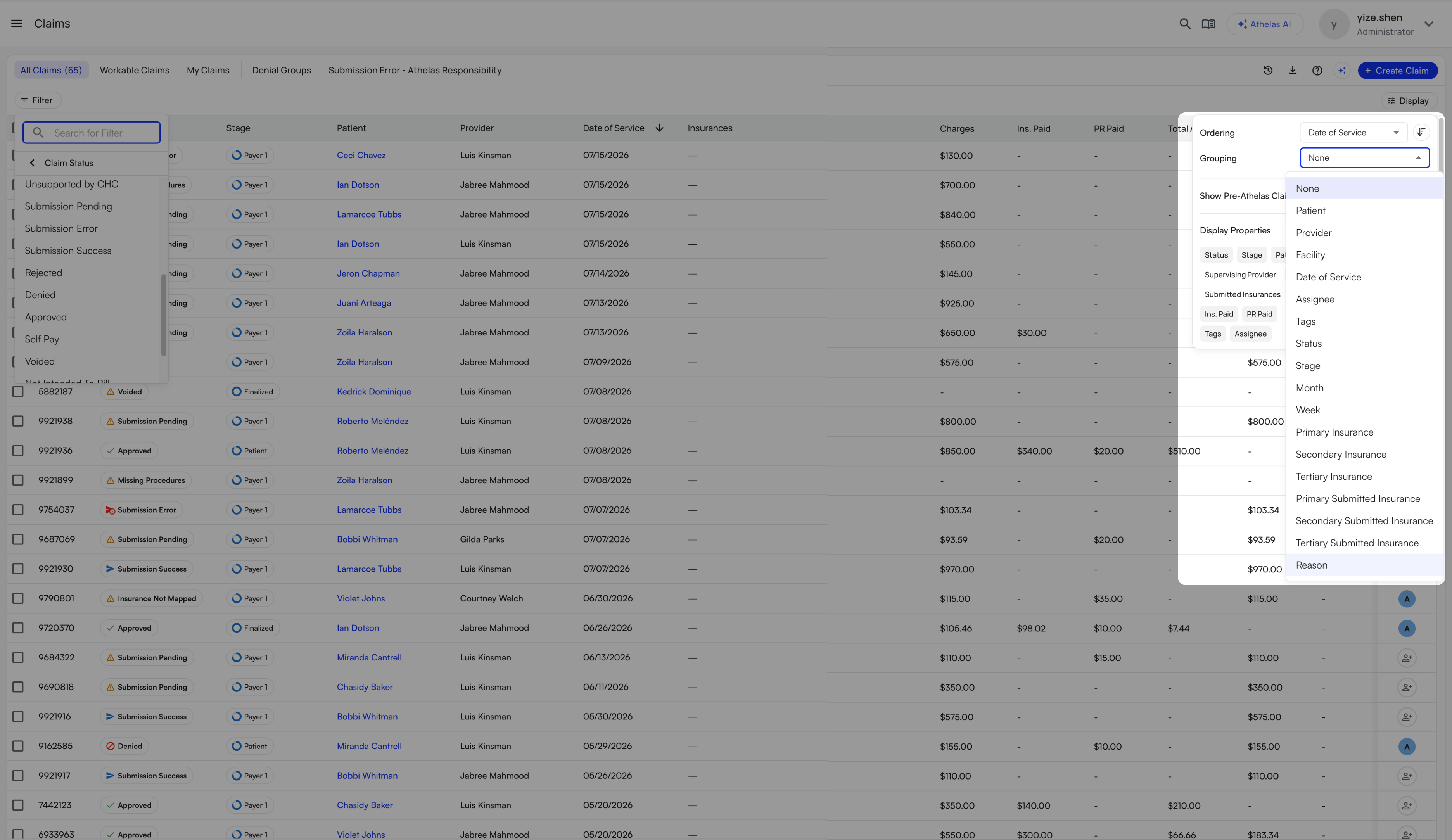 The Grouping menu, including Status and Reason, alongside the Claim Status filter options