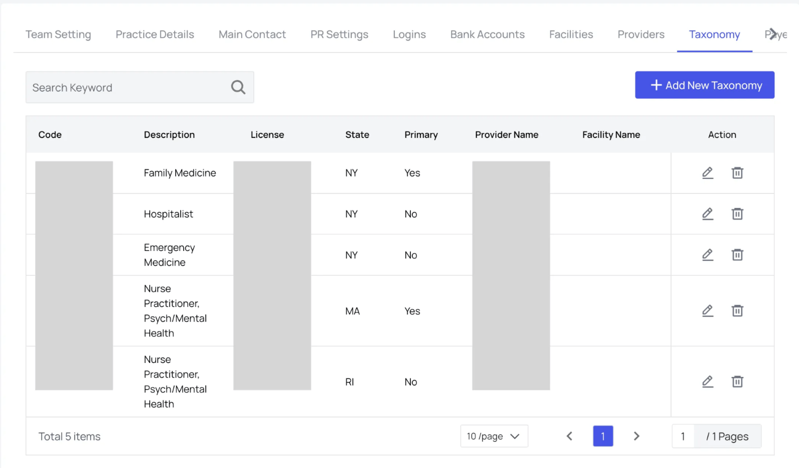 Taxonomy tab listing taxonomy codes by Code, Description, License, State, Primary, Provider, and Facility.