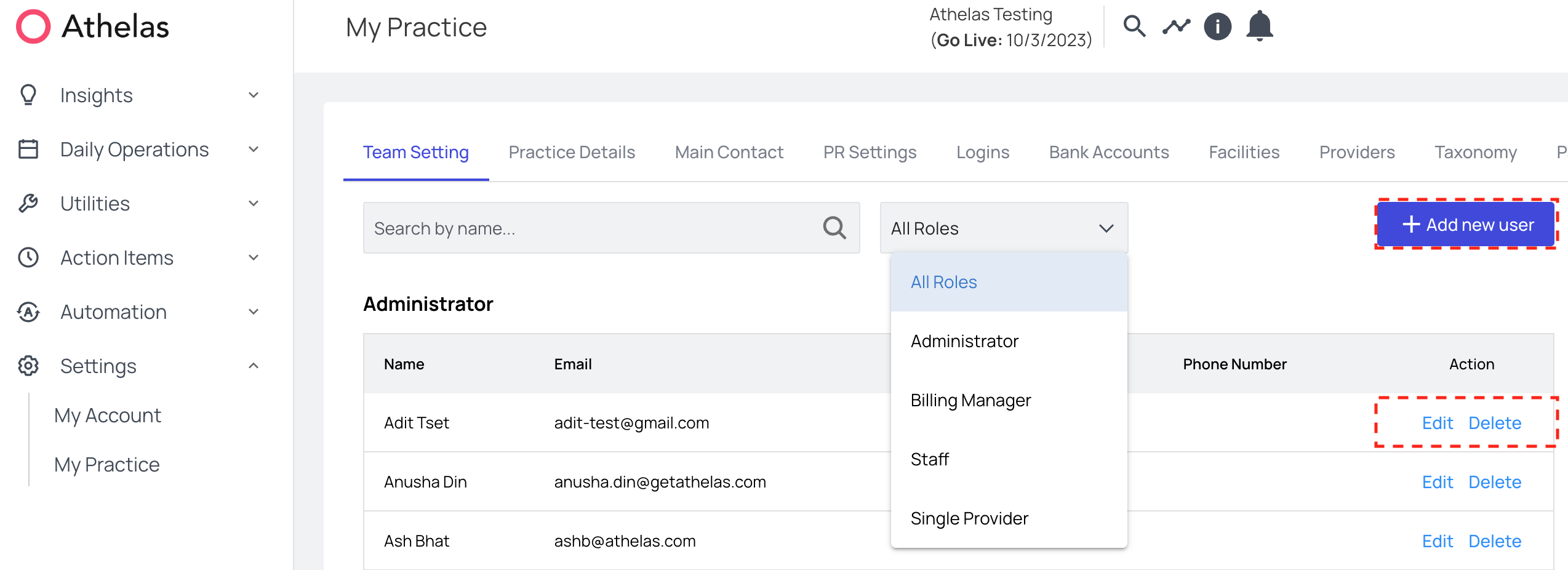 Team Setting tab showing the user list, role filter, and Add new user, Edit, and Delete actions.