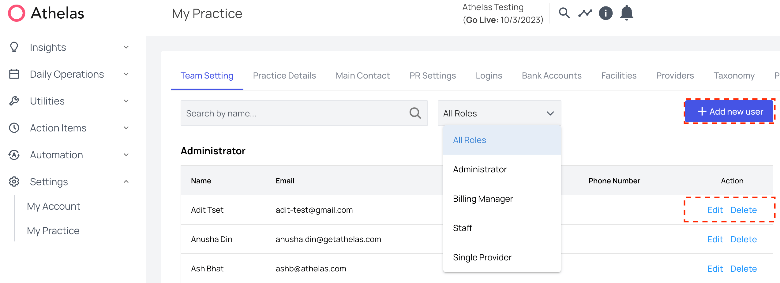 Team Setting tab showing the user list, role filter, and Add new user, Edit, and Delete actions.