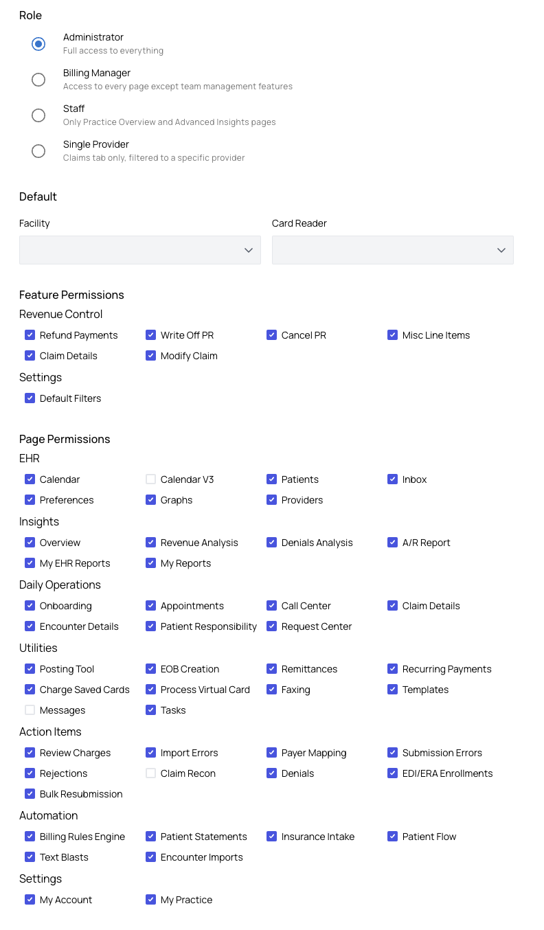 Role selection with Feature Permissions and Page Permissions checkboxes.